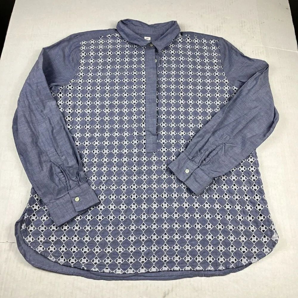 LOFT Softened Popover Button Tunic Shirt Blue Long Sleeve Eyelet Lightweight XL